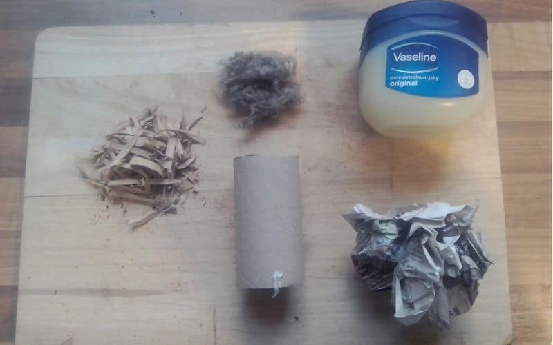 Toilet roll method materials for a fire starter 