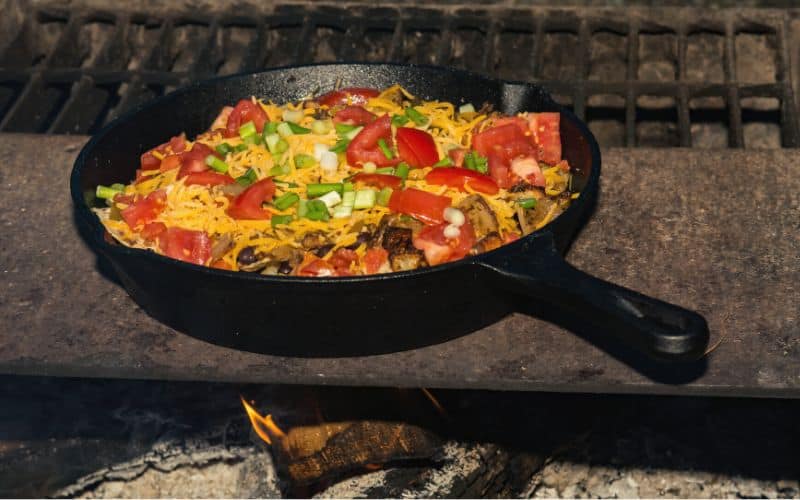 Campfire nachos in skillet pan 
