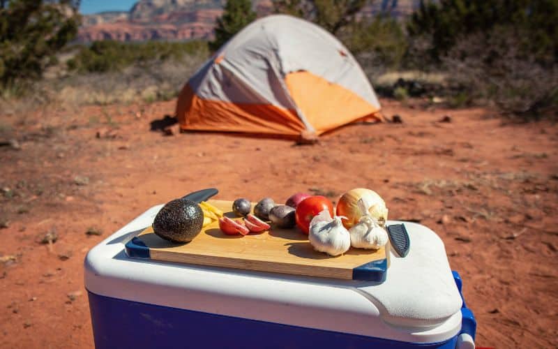 Cooler sitting in front of tent with veg on chopping board sitting on top of it