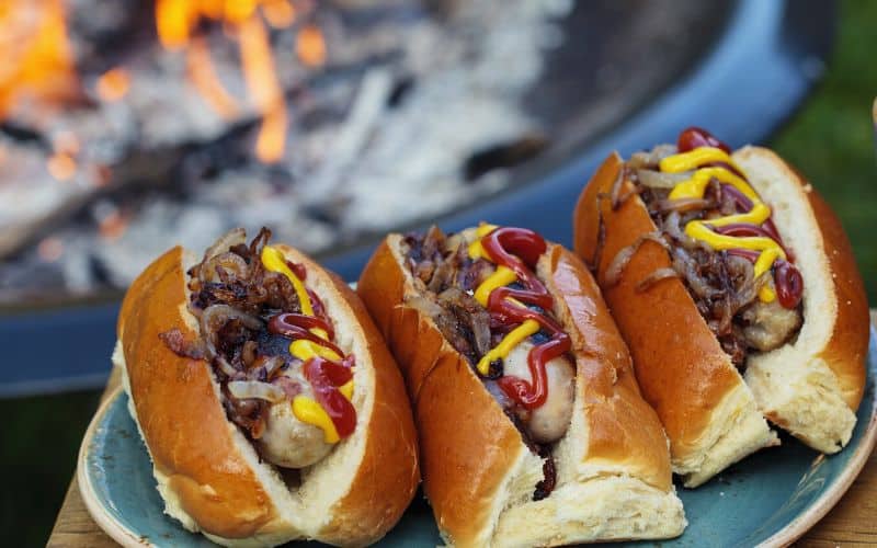 Hot dogs in buns loaded with toppings in front of a campfire