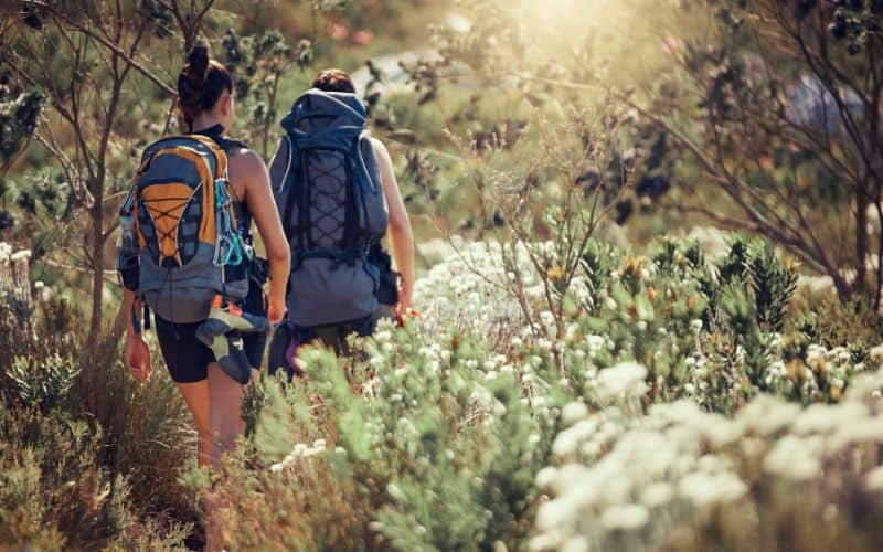 Two female backpackers wearing different sizes of backpack 