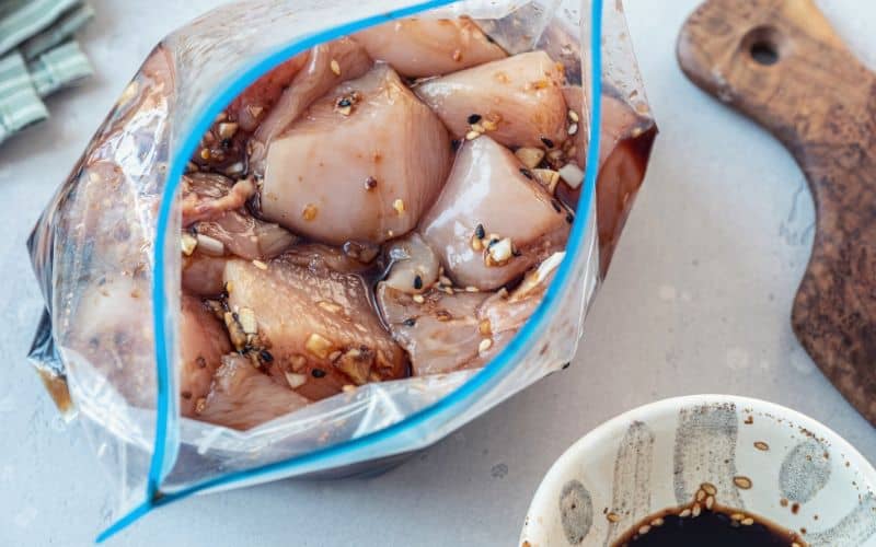 Zip-lock bag filled with pre-prepped chicken meal