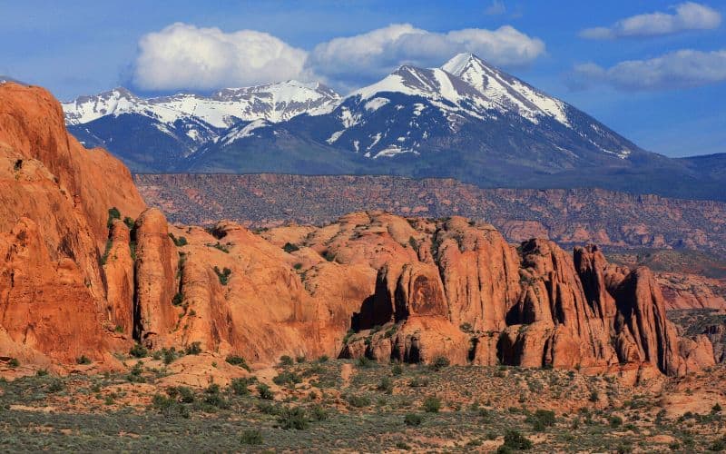 Red rock formations with LaSal Mountains in background, Moab, Utah