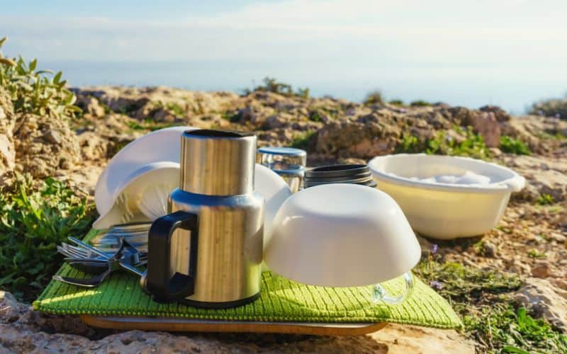 Camping dishes drying in the sun