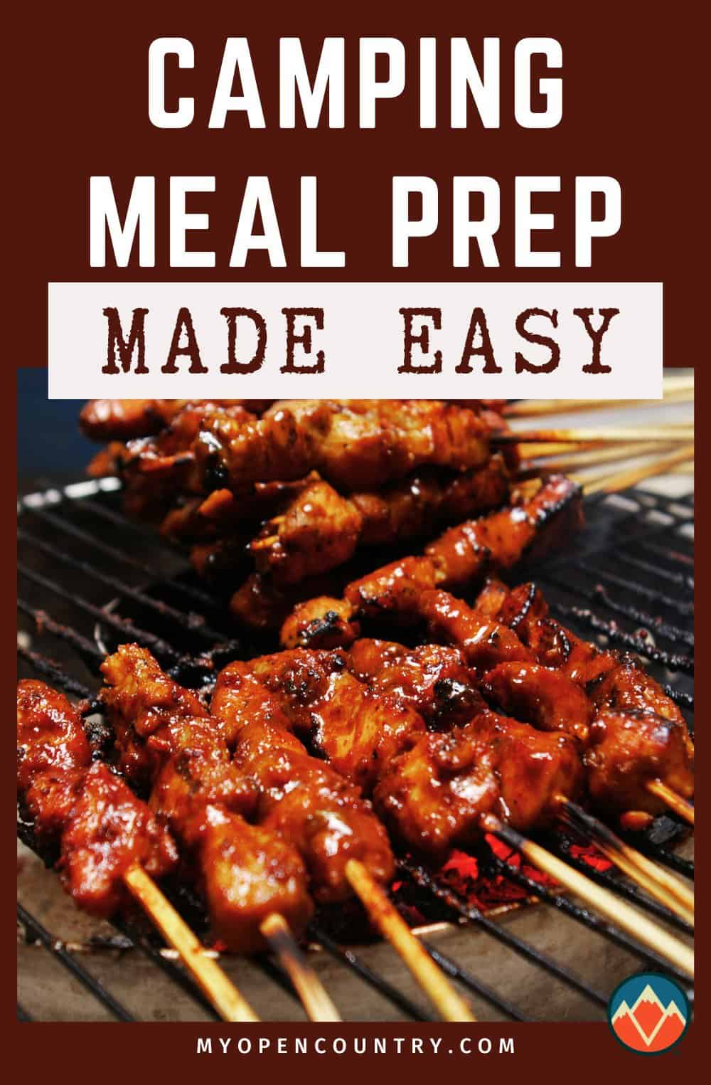 a close up of meat on a grill with text reading camping meal prep made easy